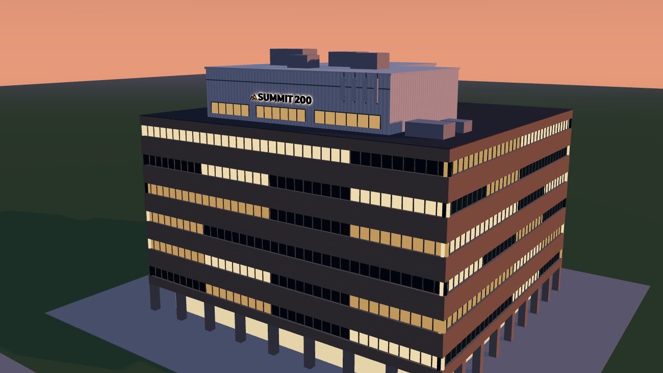 3D model of 200 Connecticut Avenue at dusk with the SUMMIT 200 sign