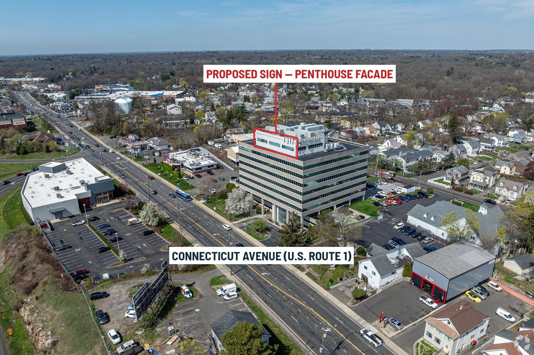 Aerial photo locating the penthouse facade facing Connecticut Avenue